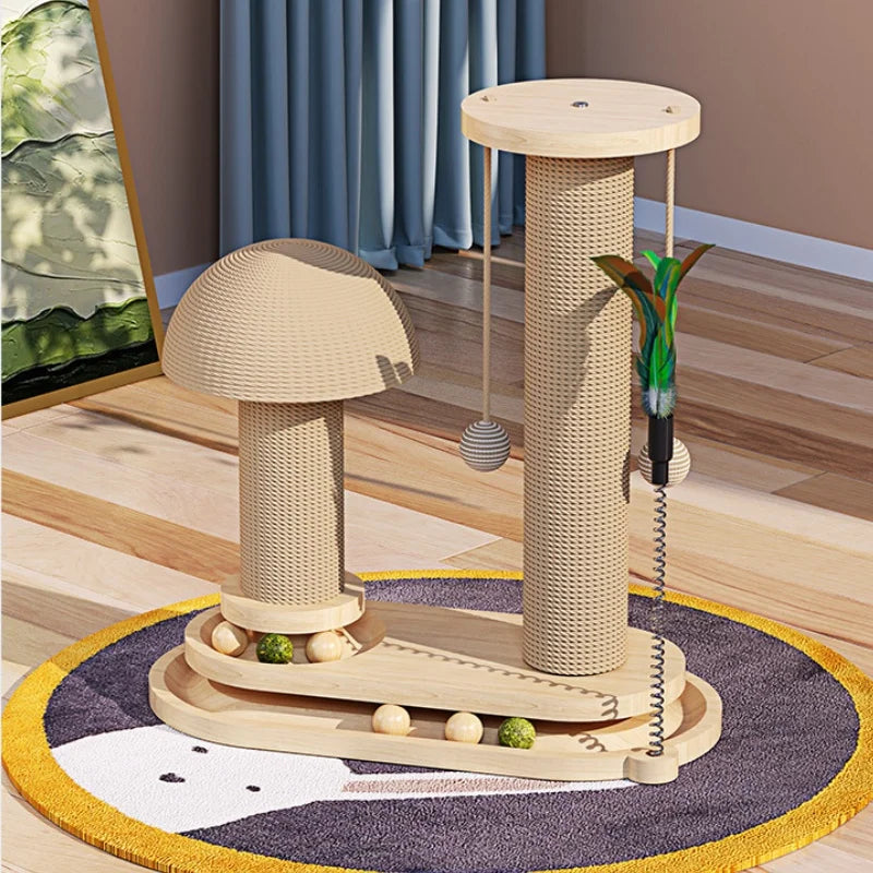 Three-Tier Wooden Cat Scratching Post with Sisal Rope