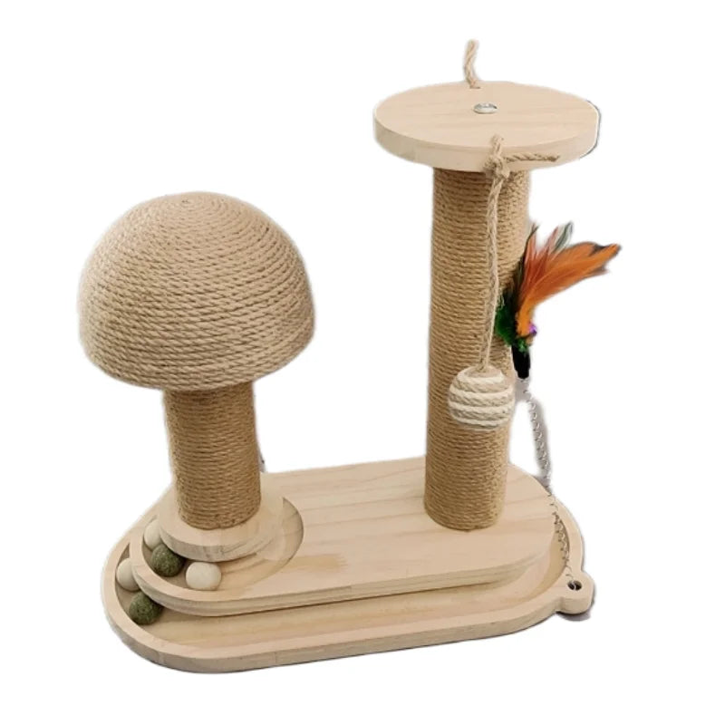 Three-Tier Wooden Cat Scratching Post with Sisal Rope